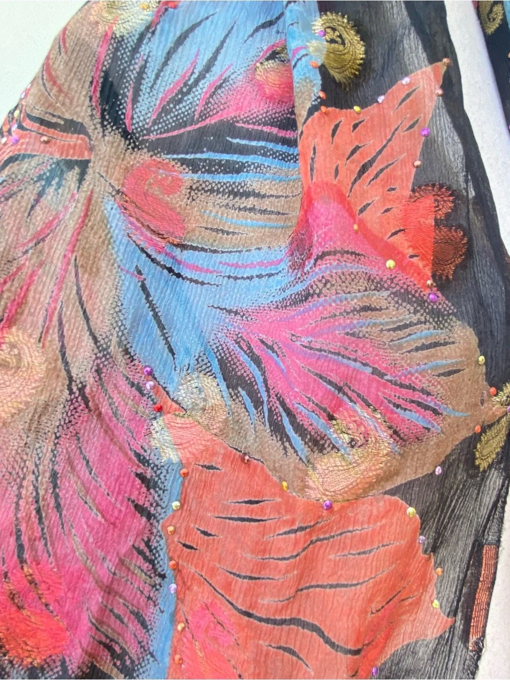 Whimsy 100% Silk Black Multicolor Floral Paisley Embroidered Rhinestone Shawl